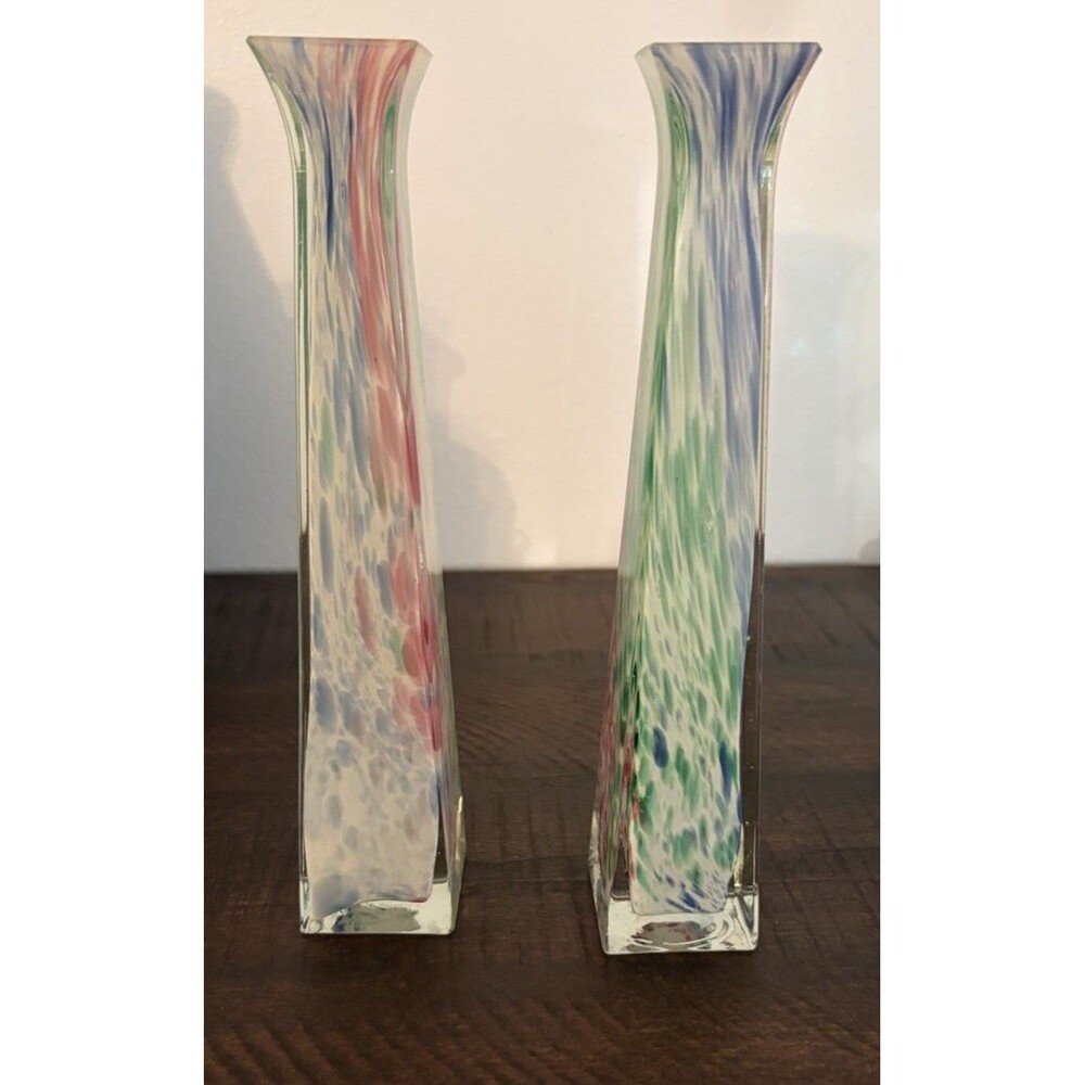 Set Of 2 Lavorazione Murano Arte Glass VTG Italian Bud Vases Hand Blown 70’s